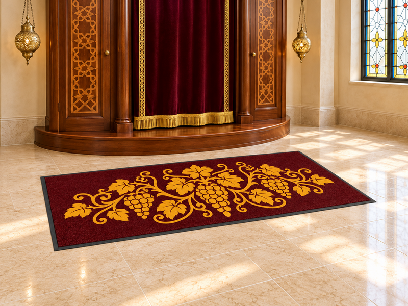 719-synagogue שטיח יוקרתי לבית כנסת דגם 719 בעיטור גפן וענבים בזהב – מוצב לפני ארון הקודש